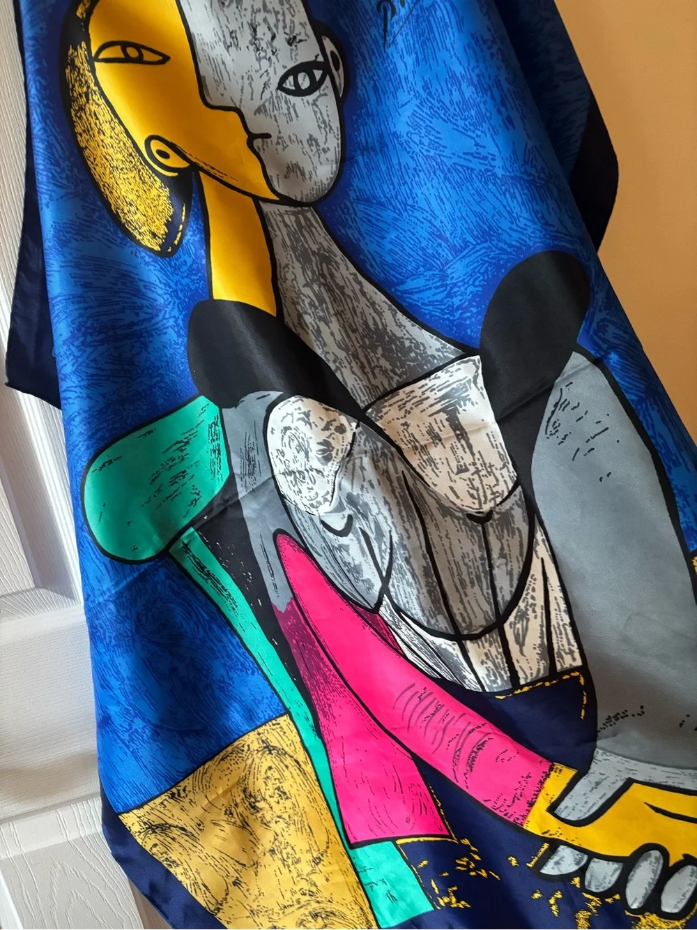 Blue Abstract Art Silk Scarf with Yellow & Black Accents